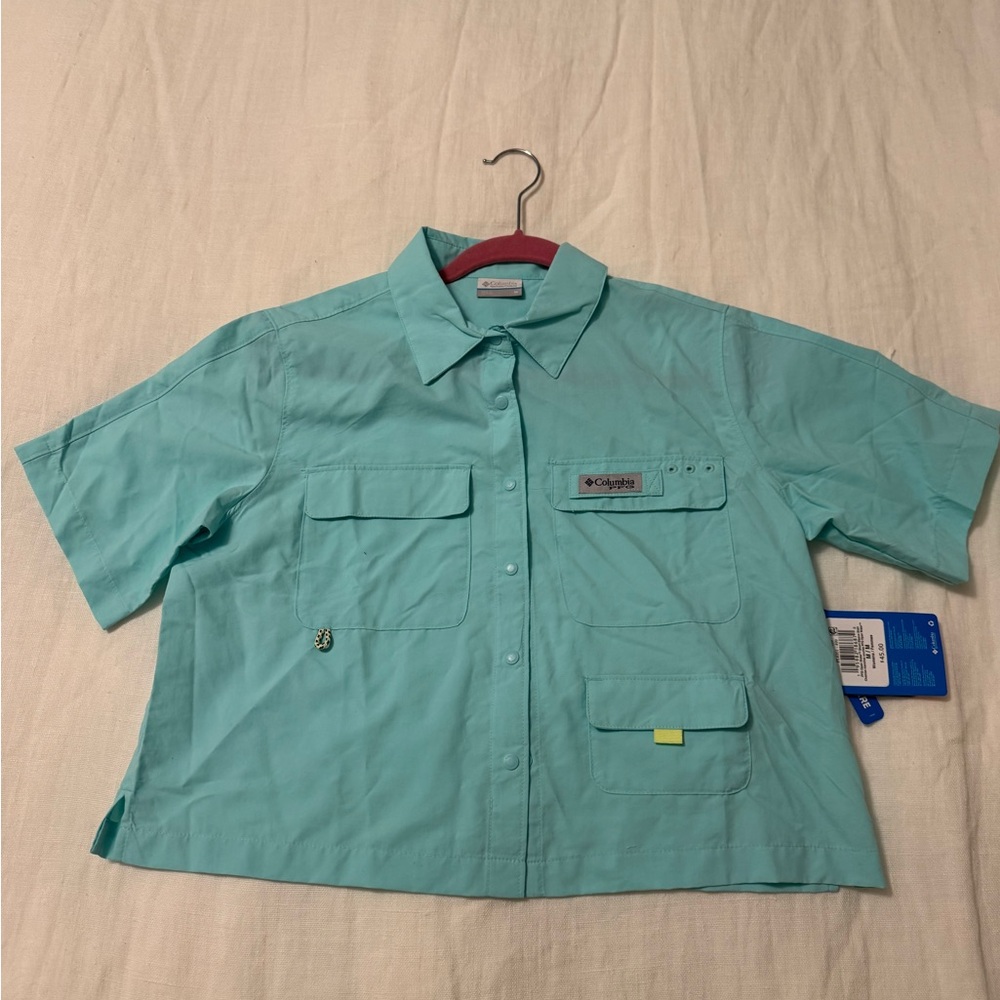 NWT Columbia PFG Open Water Fishing Shirt Aqua Short Sleeve Women’s Size M